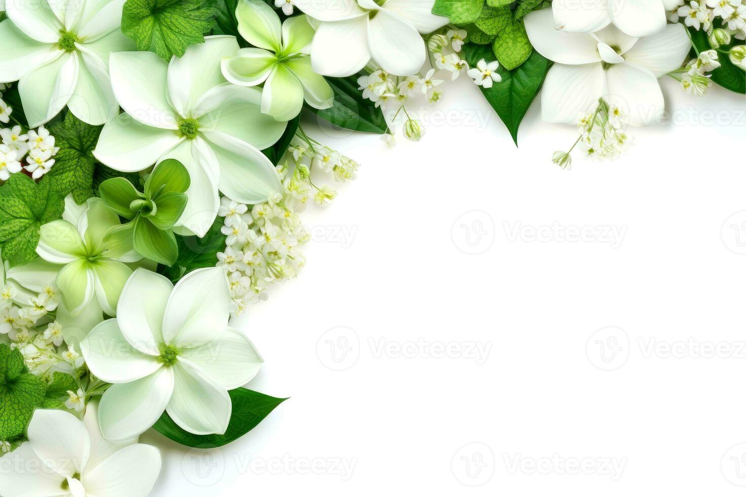 Floral border frame card template. green flowers, leaves, for banner, wedding card. Springtime composition with copy-space, Generative AI illustration photo