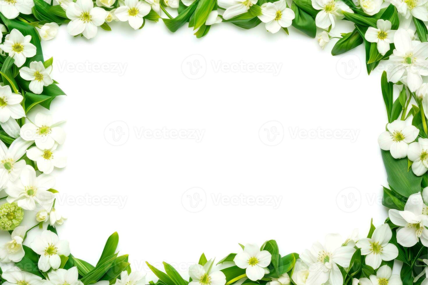 Floral border frame card template. green flowers, leaves, for banner, wedding card. Springtime composition with copy-space, Generative AI illustration photo