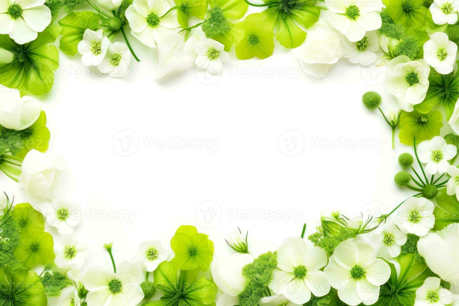 Floral border frame card template. green flowers, leaves, for banner, wedding card. Springtime composition with copy-space, Generative AI illustration photo
