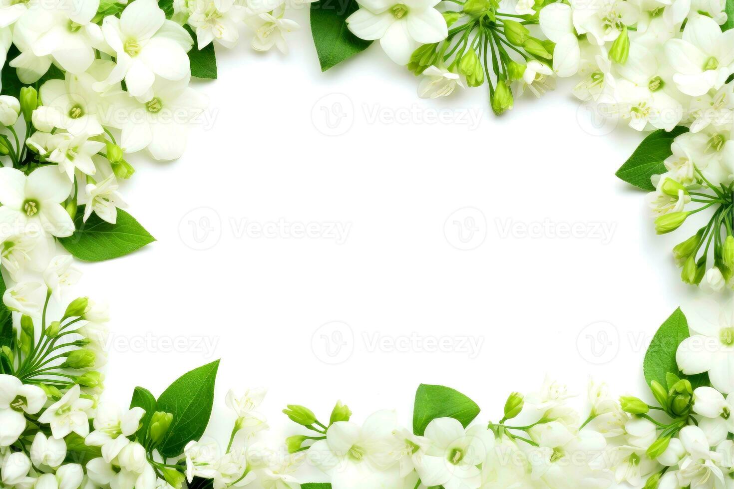 Floral border frame card template. green flowers, leaves, for banner, wedding card. Springtime composition with copy-space, Generative AI illustration photo