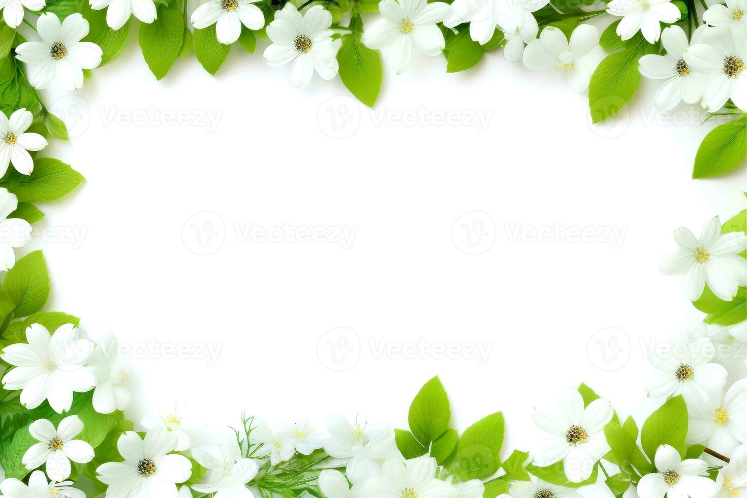 Floral border frame card template. green flowers, leaves, for banner, wedding card. Springtime composition with copy-space, Generative AI illustration photo