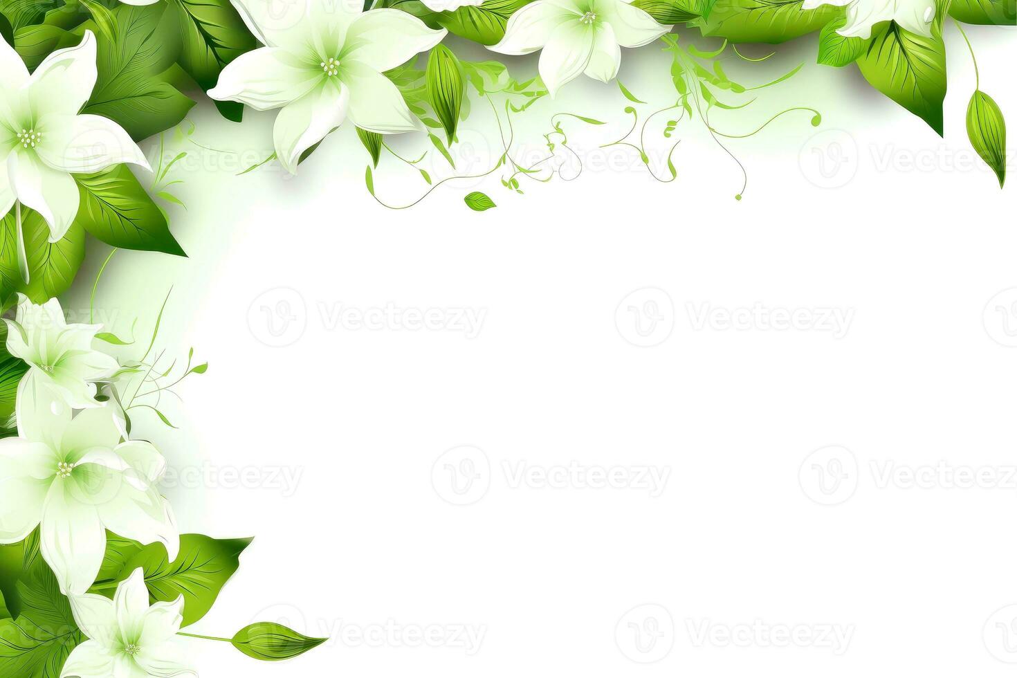 Floral border frame card template. green flowers, leaves, for banner, wedding card. Springtime composition with copy-space, Generative AI illustration photo