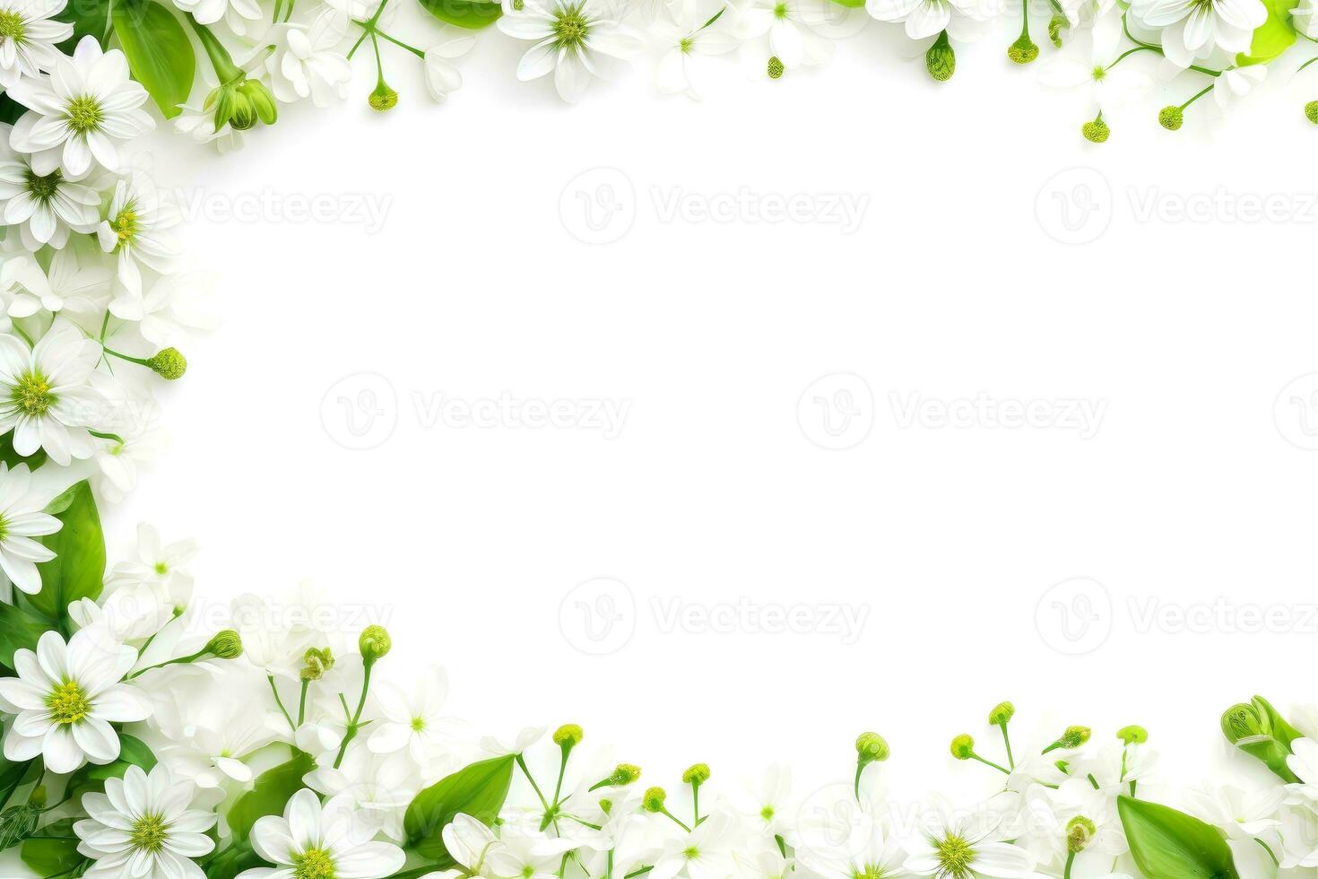 Floral border frame card template. green flowers, leaves, for banner, wedding card. Springtime composition with copy-space, Generative AI illustration photo