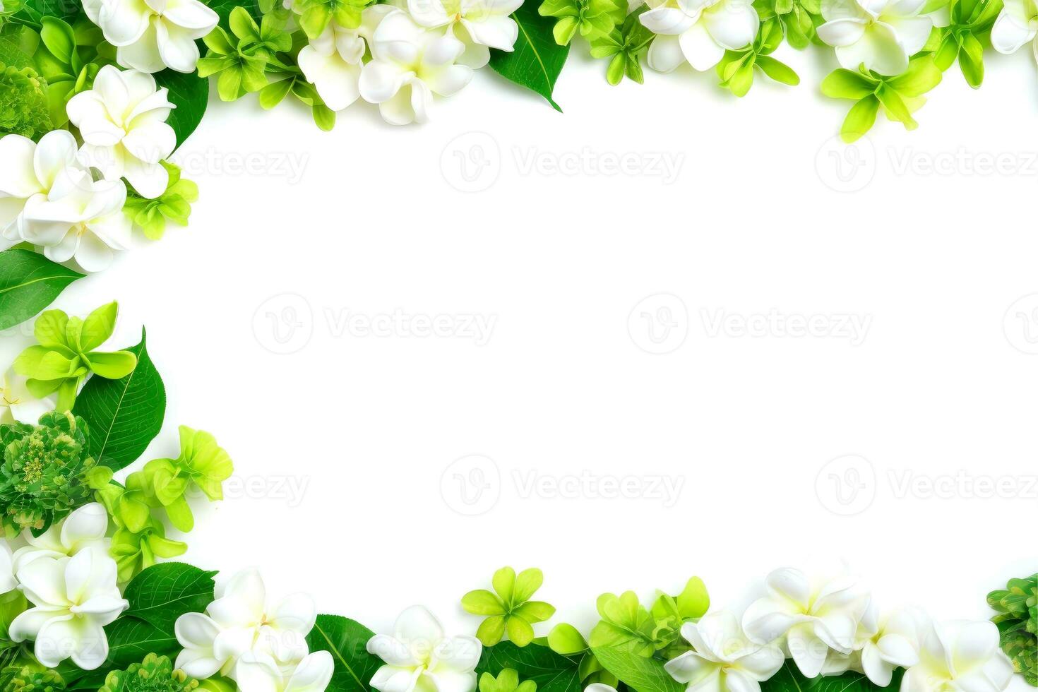 Floral border frame card template. green flowers, leaves, for banner, wedding card. Springtime composition with copy-space, Generative AI illustration photo