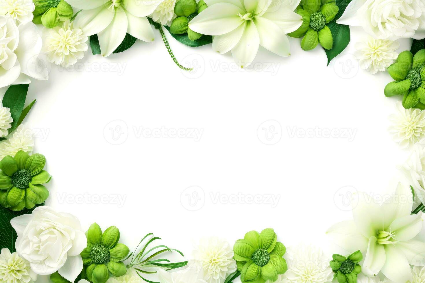 Floral border frame card template. green flowers, leaves, for banner, wedding card. Springtime composition with copy-space, Generative AI illustration photo