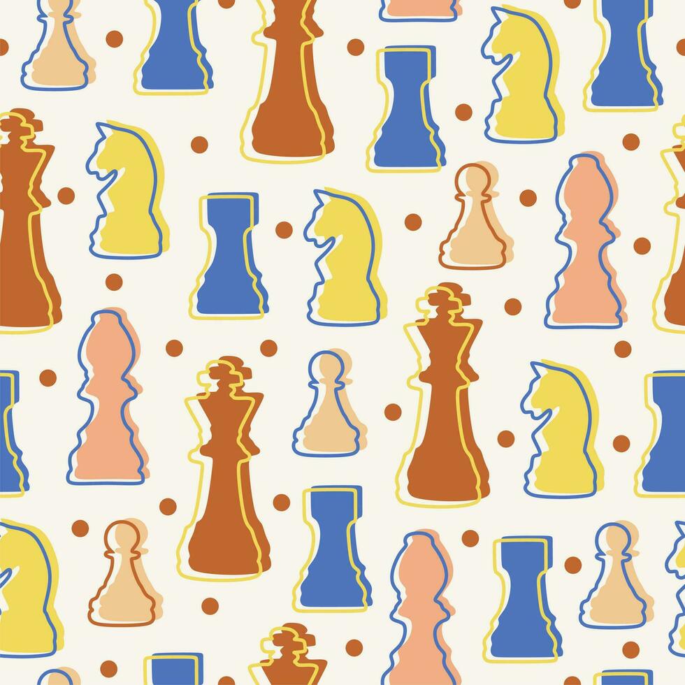 Seamless pattern with chess colorful figures. On white background. Vector flat. King, queen, pawn, rook, horse, bishop.