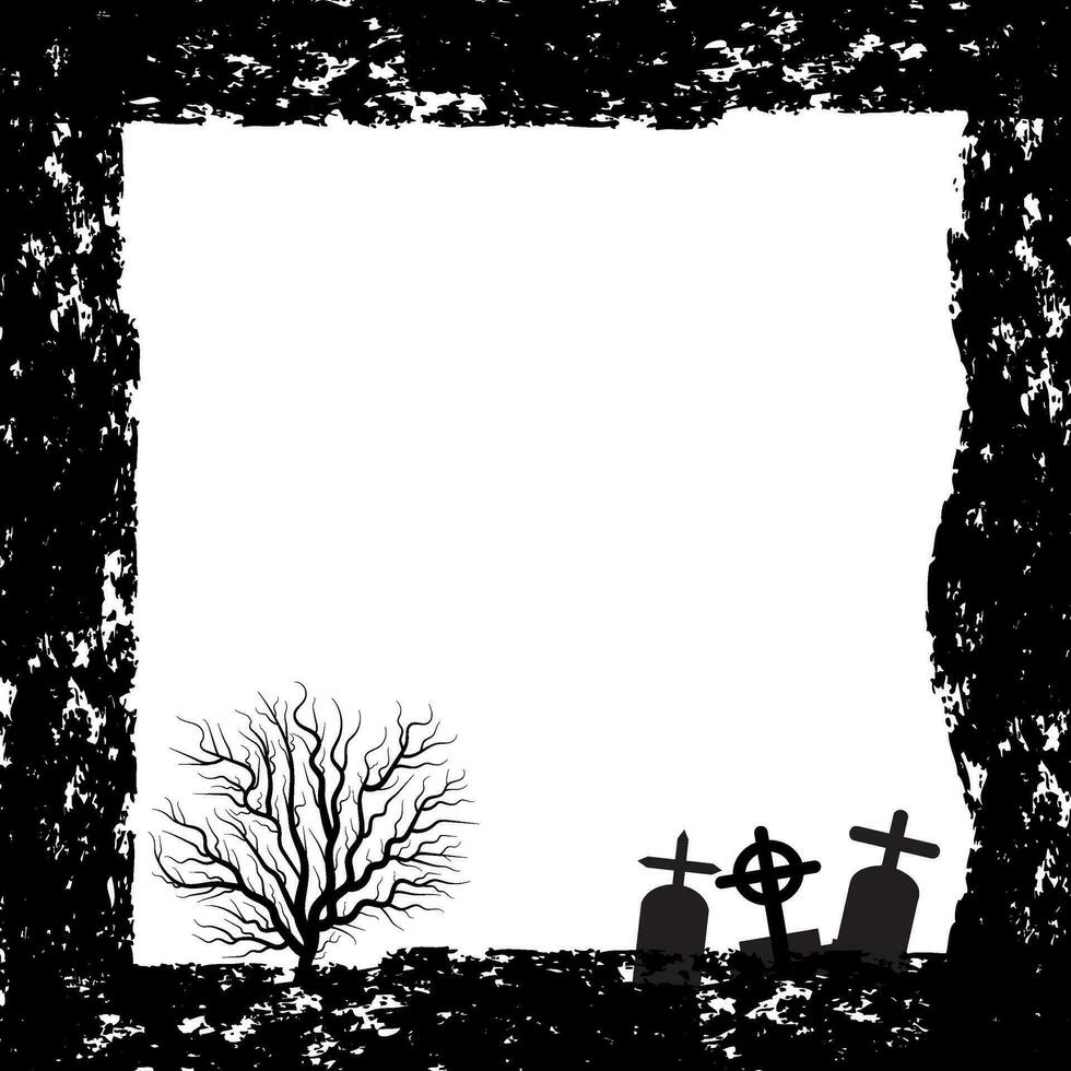Black and white halloween frame with silhouettes of graves vector