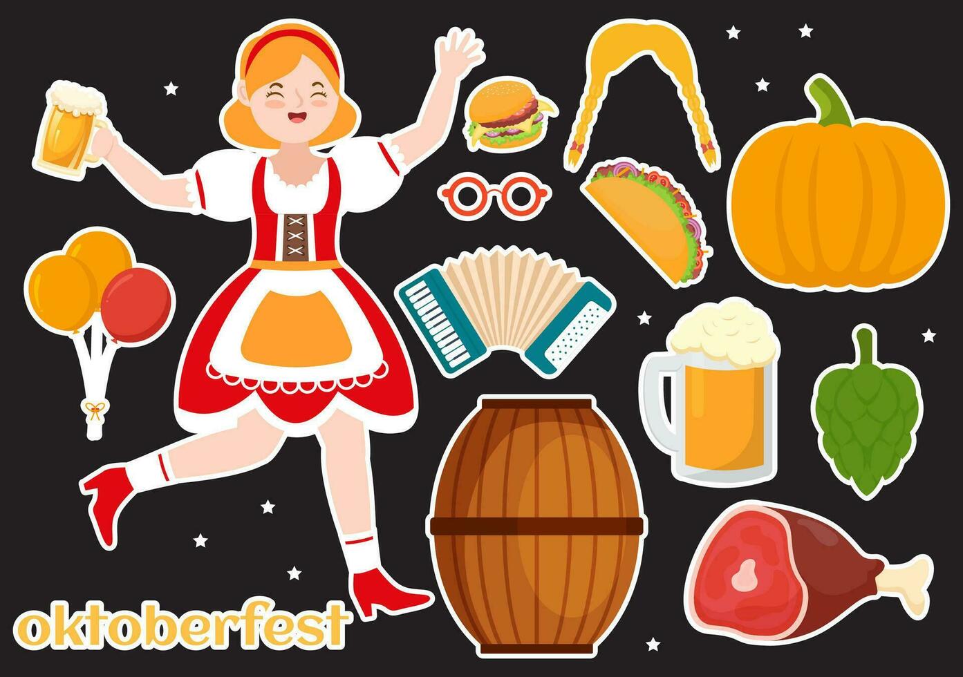 conjunto de contento Oktoberfest festival elementos vector ilustración con cerveza, embutido, barriles, Alemania bandera y más dibujos animados antecedentes diseño plantillas