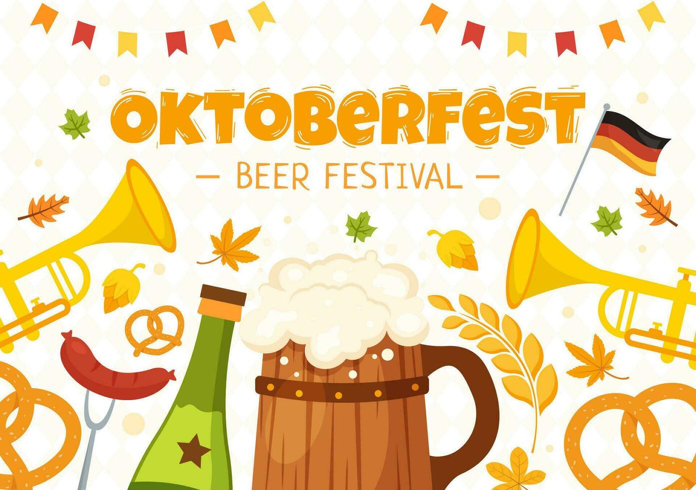 contento Oktoberfest fiesta festival vector ilustración con cerveza, embutido, pan de jengibre, alemán bandera y ets antecedentes plano dibujos animados mano dibujado plantillas