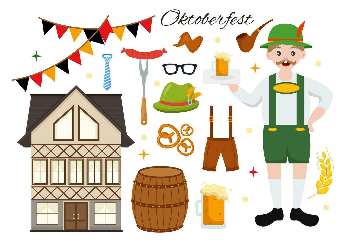 conjunto de contento Oktoberfest festival elementos vector ilustración con cerveza, embutido, barriles, Alemania bandera y más dibujos animados antecedentes diseño plantillas