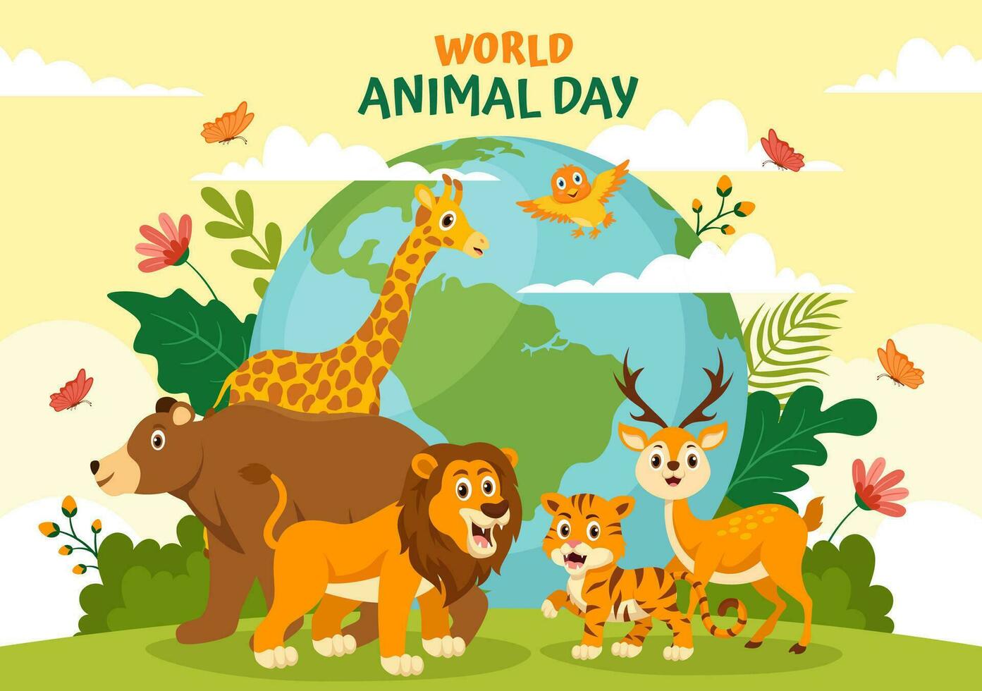 World Animal Day Vector Illustration with Various Animals or Wildlife for Habitat Protection and Forest in Flat Cartoon Background Templates