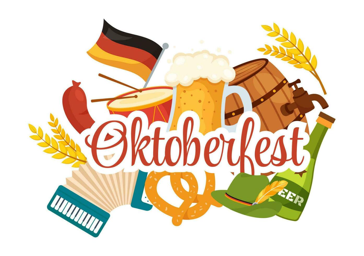 contento Oktoberfest fiesta festival vector ilustración con cerveza, embutido, pan de jengibre, alemán bandera y ets antecedentes plano dibujos animados mano dibujado plantillas