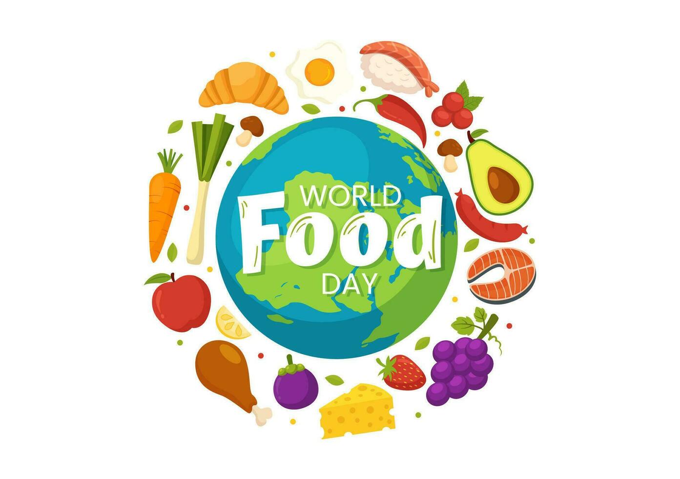 mundo comida día vector ilustración en dieciséis octubre con varios alimentos, Fruta y vegetal en plano dibujos animados mano dibujado antecedentes plantillas