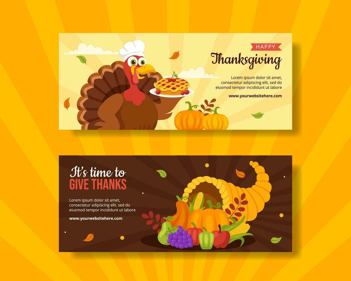 Happy Thanksgiving Horizontal Banner Flat Cartoon Hand Drawn Templates Background Illustration vector