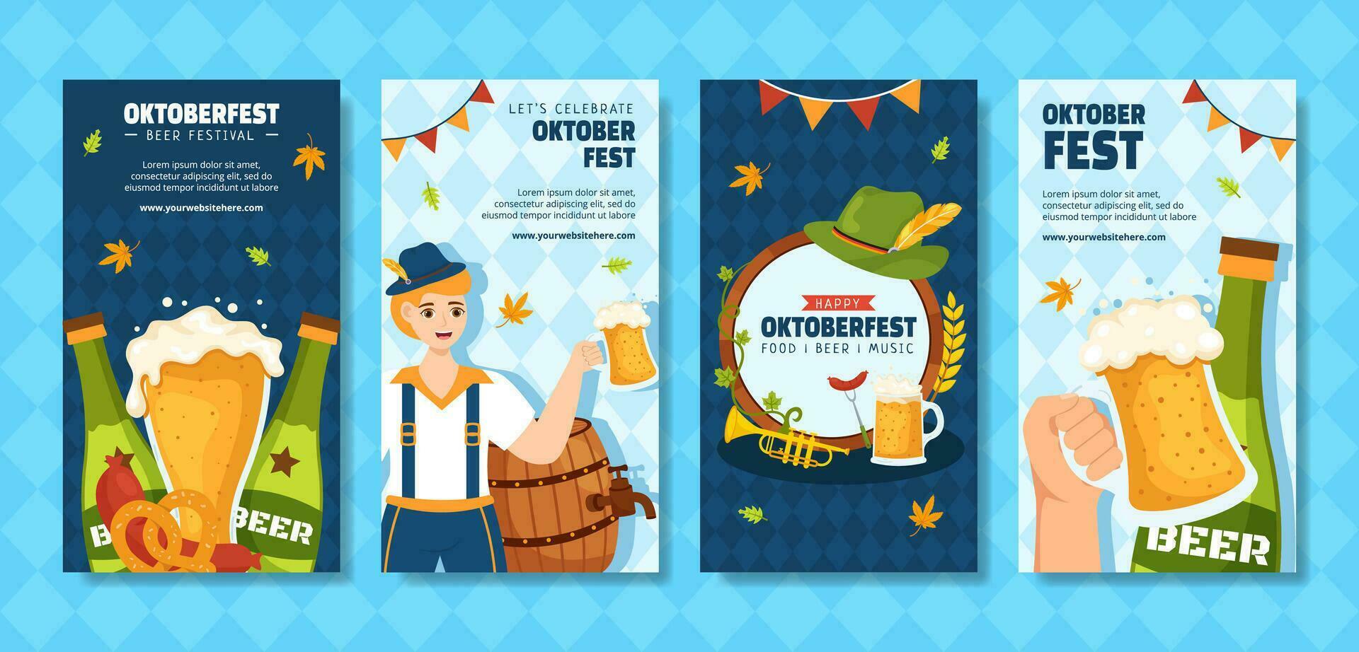 Oktoberfest cerveza festival social medios de comunicación cuentos plano dibujos animados mano dibujado plantillas antecedentes ilustración vector