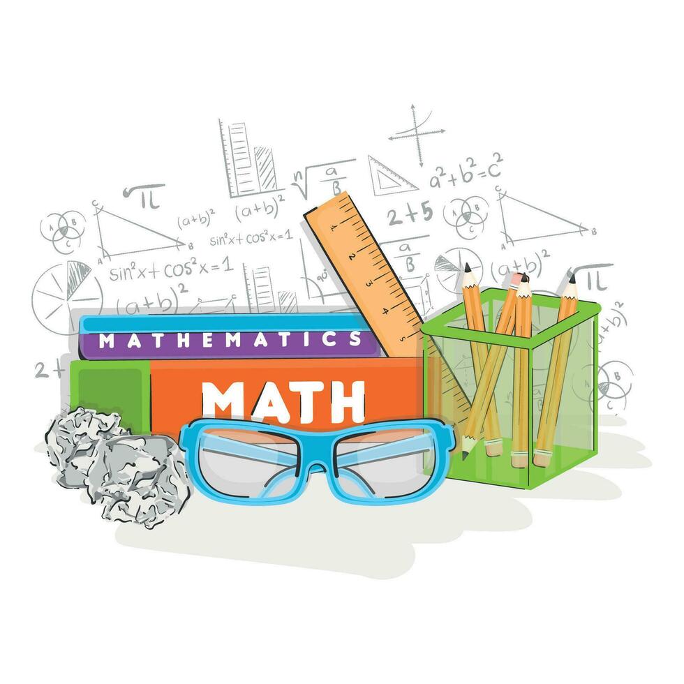 Isolated stack of books and school supplies Math class concept Vector