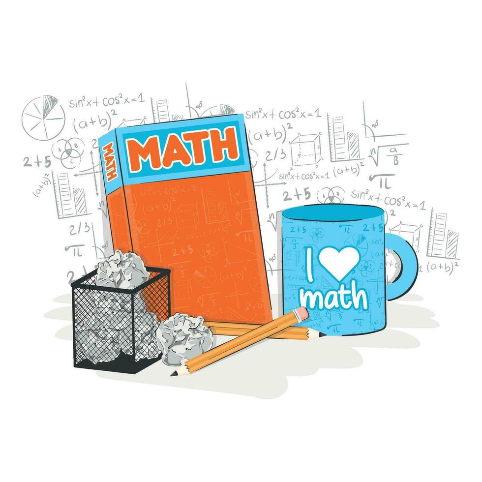 Math book with an empty mug and a recyclable bin School concept Vector