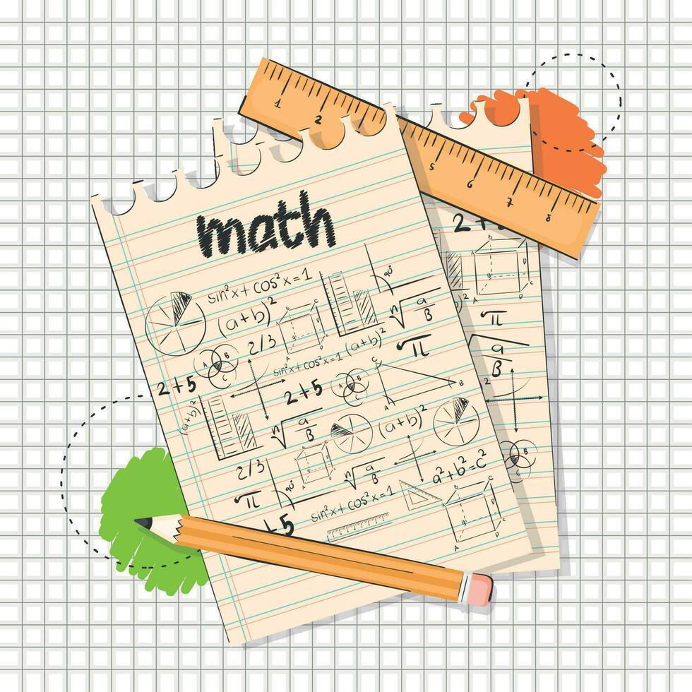 Pair of papers with mathematical formulas and a pencil Math class concept Vector