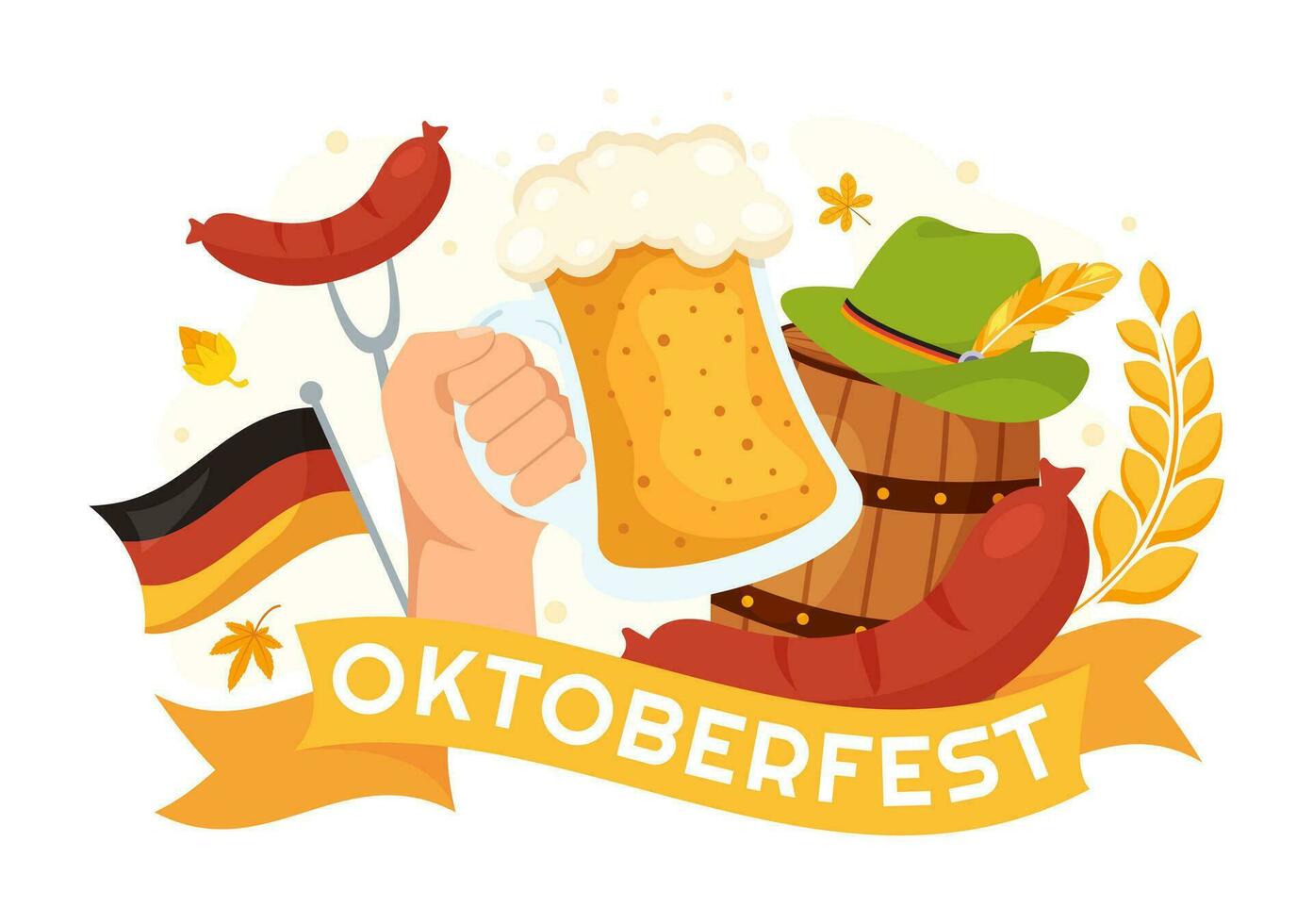 Happy Oktoberfest Party Festival Vector Illustration with Beer, Sausage, Gingerbread, German Flag and ets Background Flat Cartoon Hand Drawn Templates