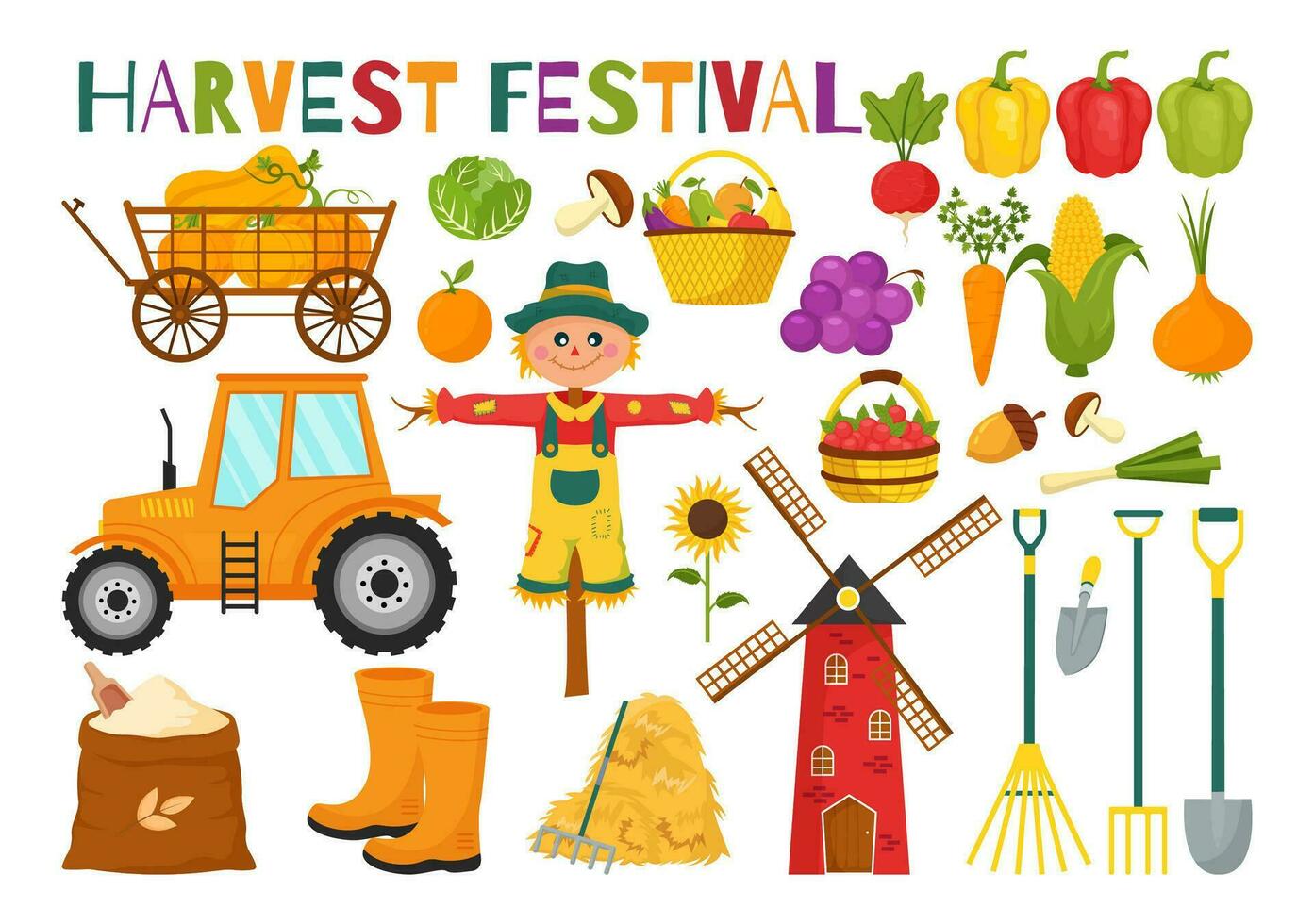 Happy Harvest Festival Vector Illustration of Autumn Season Background with Pumpkins, Maple Leaves, Fruits or Vegetables in Flat Cartoon Templates