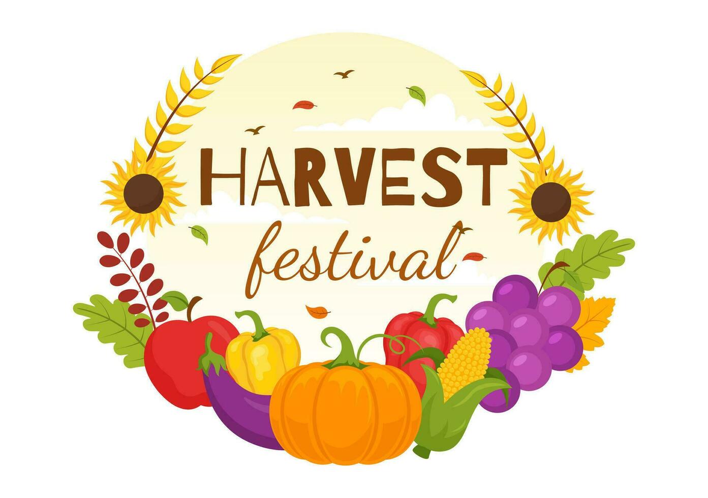 Happy Harvest Festival Vector Illustration of Autumn Season Background with Pumpkins, Maple Leaves, Fruits or Vegetables in Flat Cartoon Templates