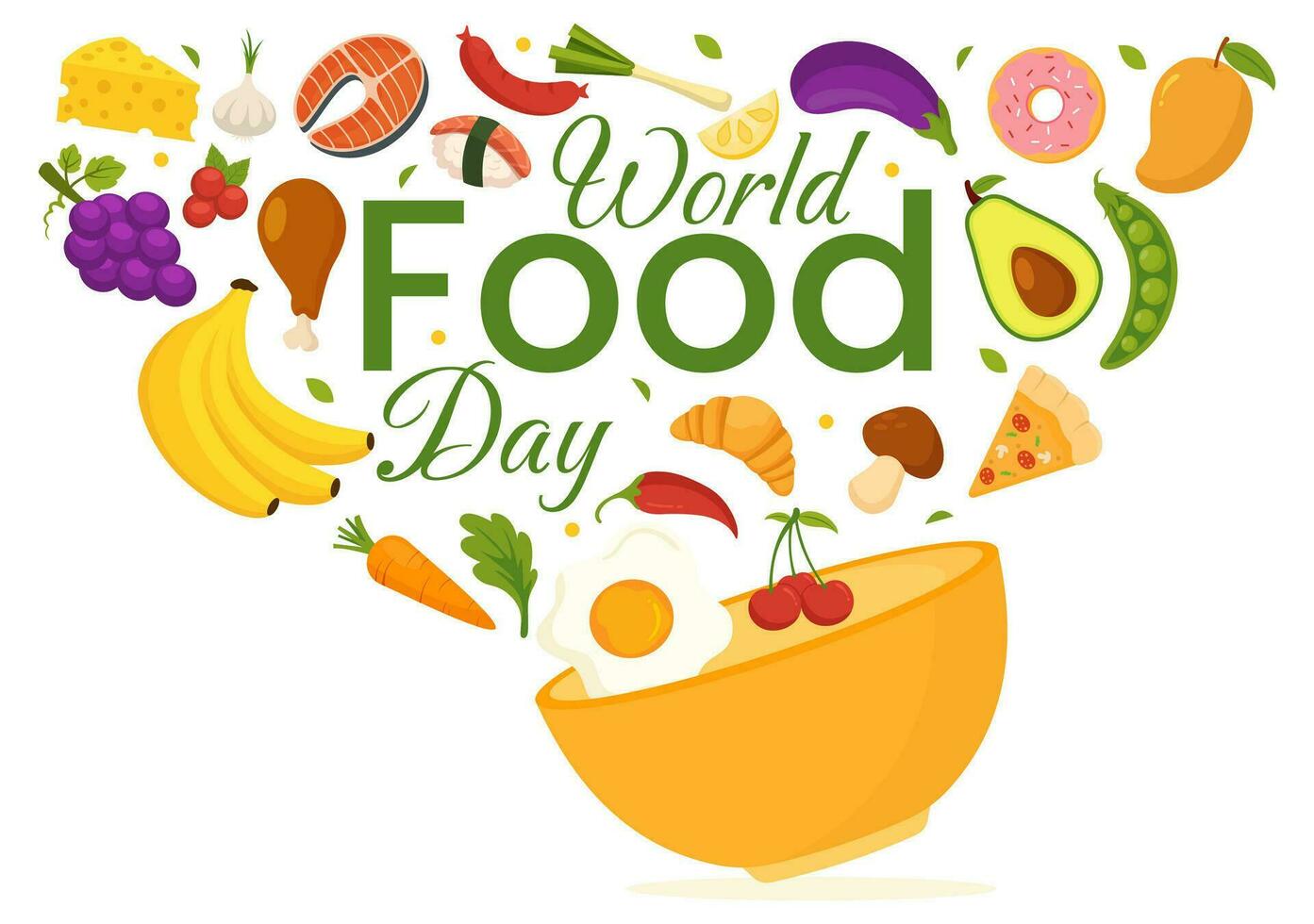 World Food Day Vector Illustration on 16 October with Various Foods, Fruit and Vegetable in Flat Cartoon Hand Drawn Background Templates