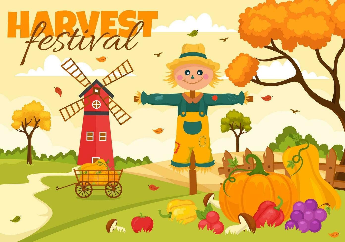 Happy Harvest Festival Vector Illustration of Autumn Season Background with Pumpkins, Maple Leaves, Fruits or Vegetables in Flat Cartoon Templates