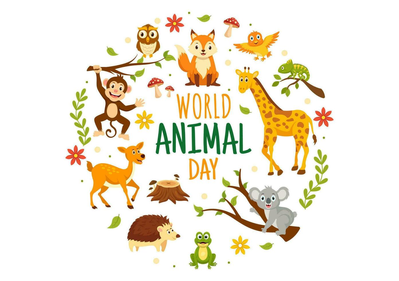 mundo animal día vector ilustración con varios animales o fauna silvestre para habitat proteccion y bosque en plano dibujos animados antecedentes plantillas