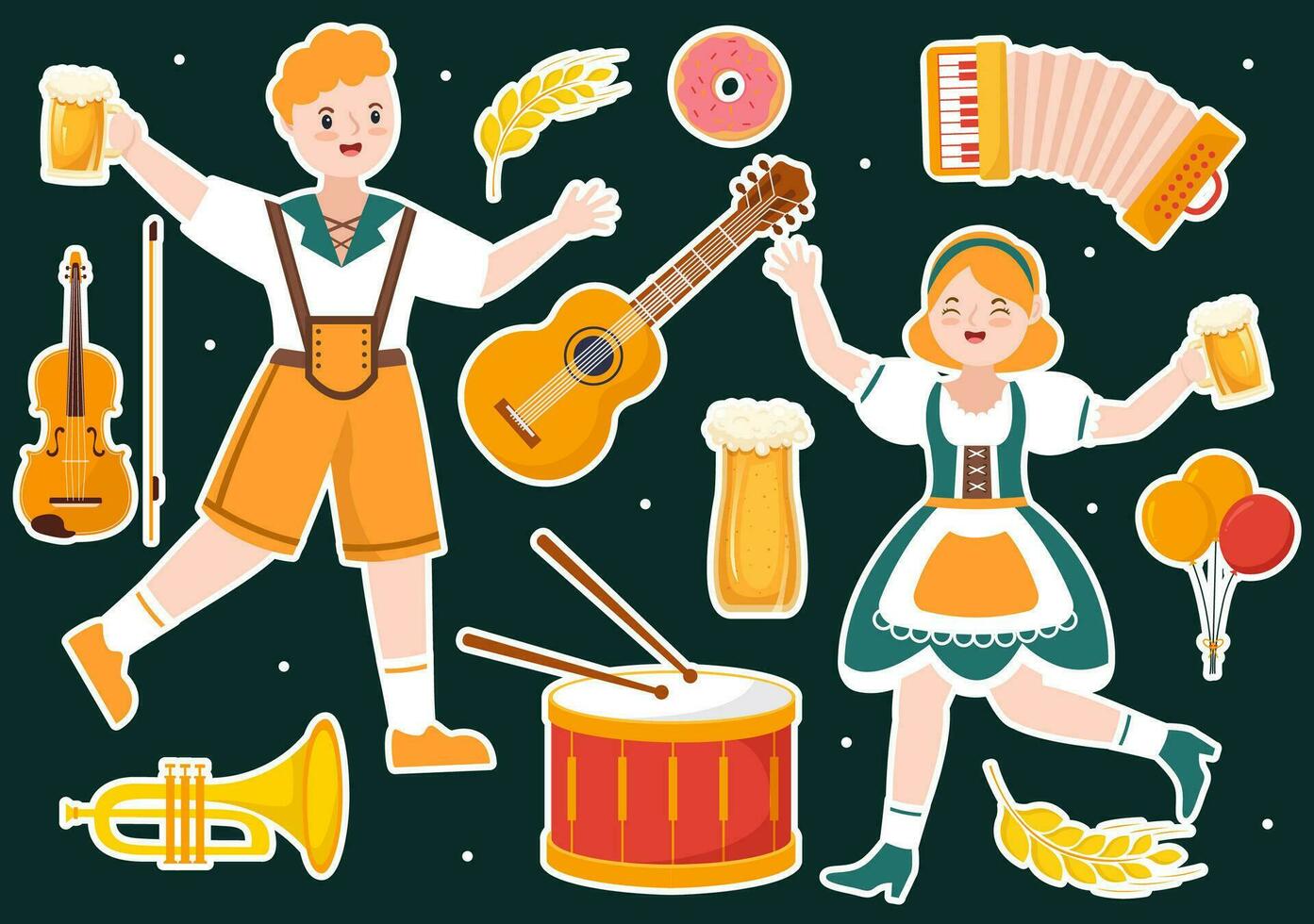 Set of Happy Oktoberfest Festival Elements Vector Illustration with Beer, Sausage, Barrels, Germany Flag and More Cartoon Background Design Templates