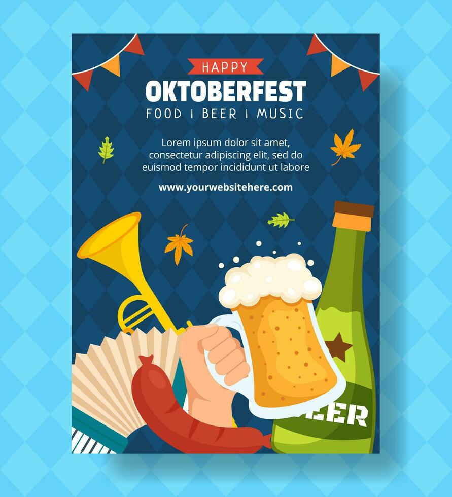 Oktoberfest cerveza festival vertical póster plano dibujos animados mano dibujado plantillas antecedentes ilustración vector