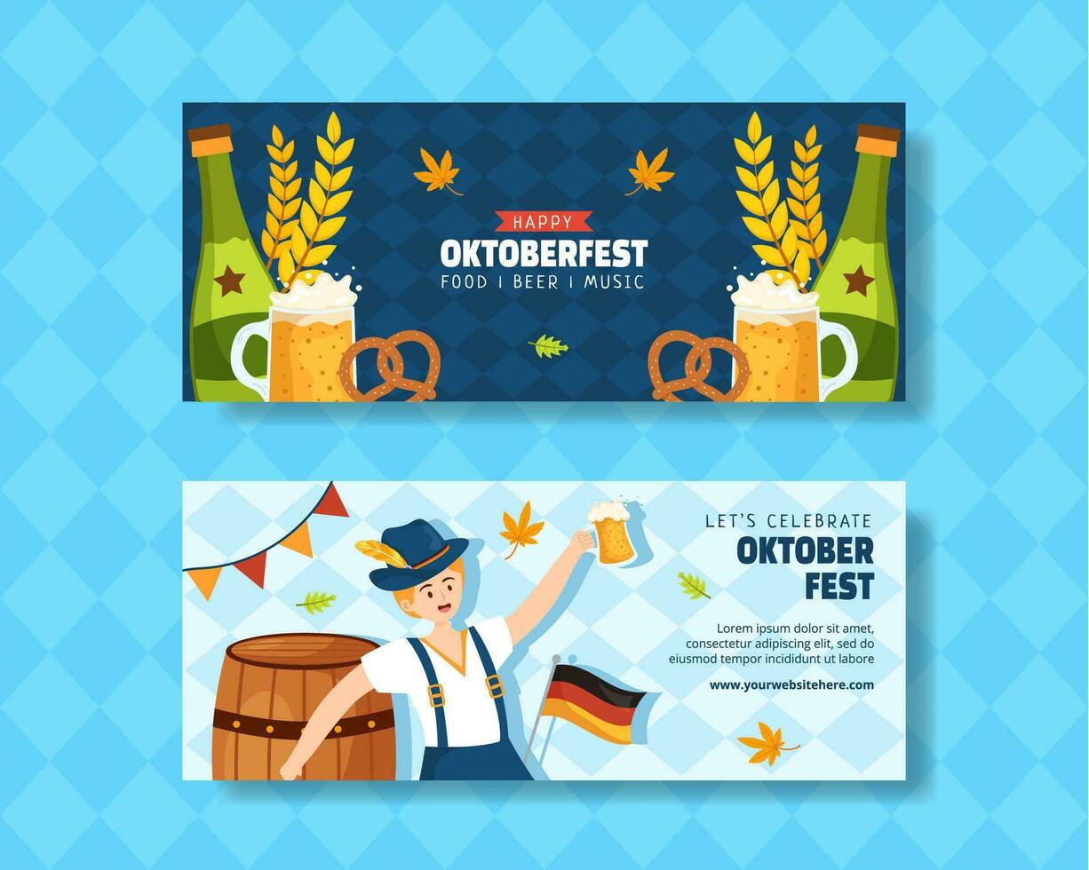 Oktoberfest cerveza festival horizontal bandera plano dibujos animados mano dibujado plantillas antecedentes ilustración vector