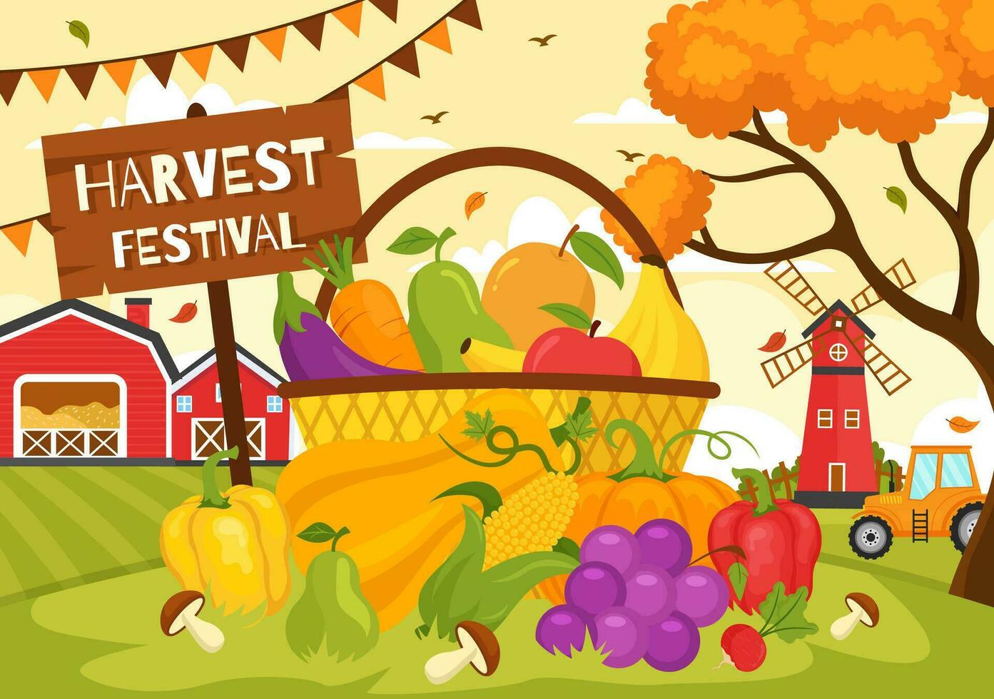 Happy Harvest Festival Vector Illustration of Autumn Season Background with Pumpkins, Maple Leaves, Fruits or Vegetables in Flat Cartoon Templates