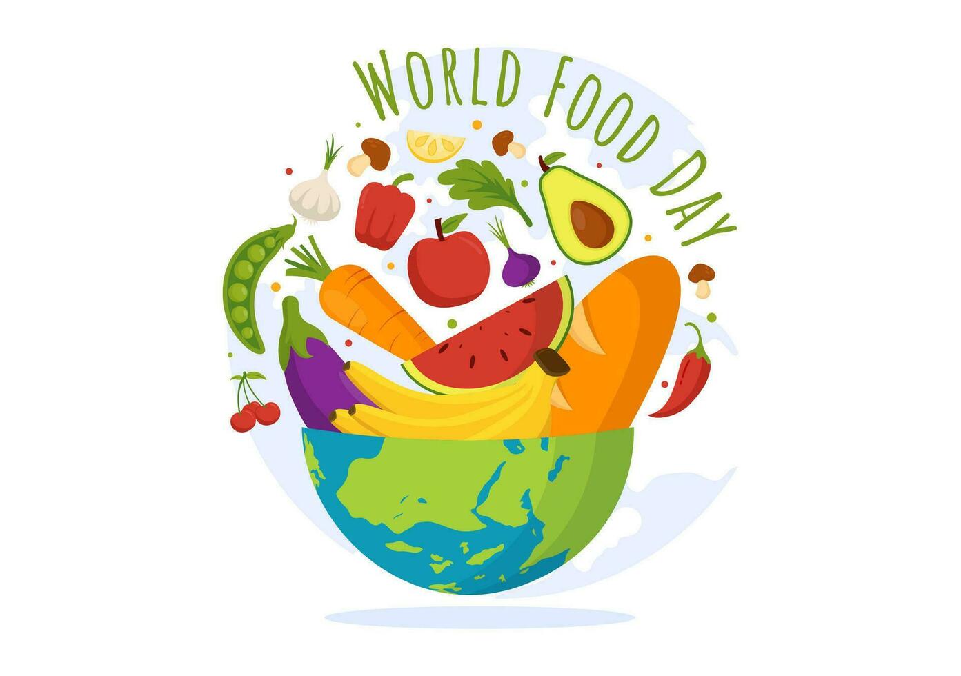 mundo comida día vector ilustración en dieciséis octubre con varios alimentos, Fruta y vegetal en plano dibujos animados mano dibujado antecedentes plantillas