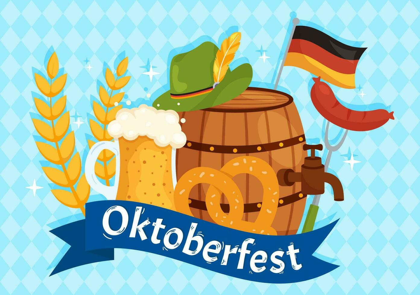 contento Oktoberfest fiesta festival vector ilustración con cerveza, embutido, pan de jengibre, alemán bandera y ets antecedentes plano dibujos animados mano dibujado plantillas