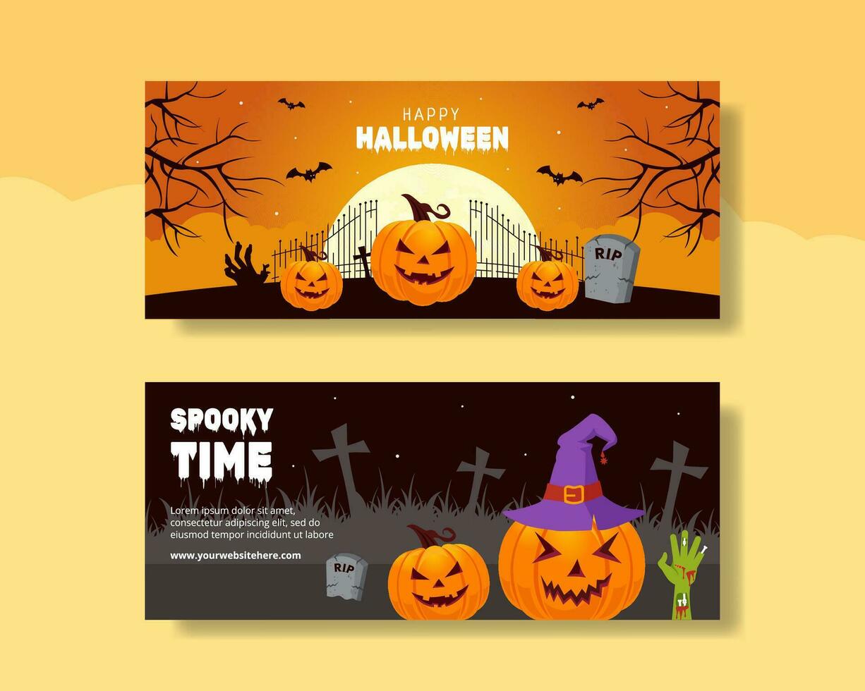 Happy Halloween Day Horizontal Banner Flat Cartoon Hand Drawn Templates Background Illustration vector