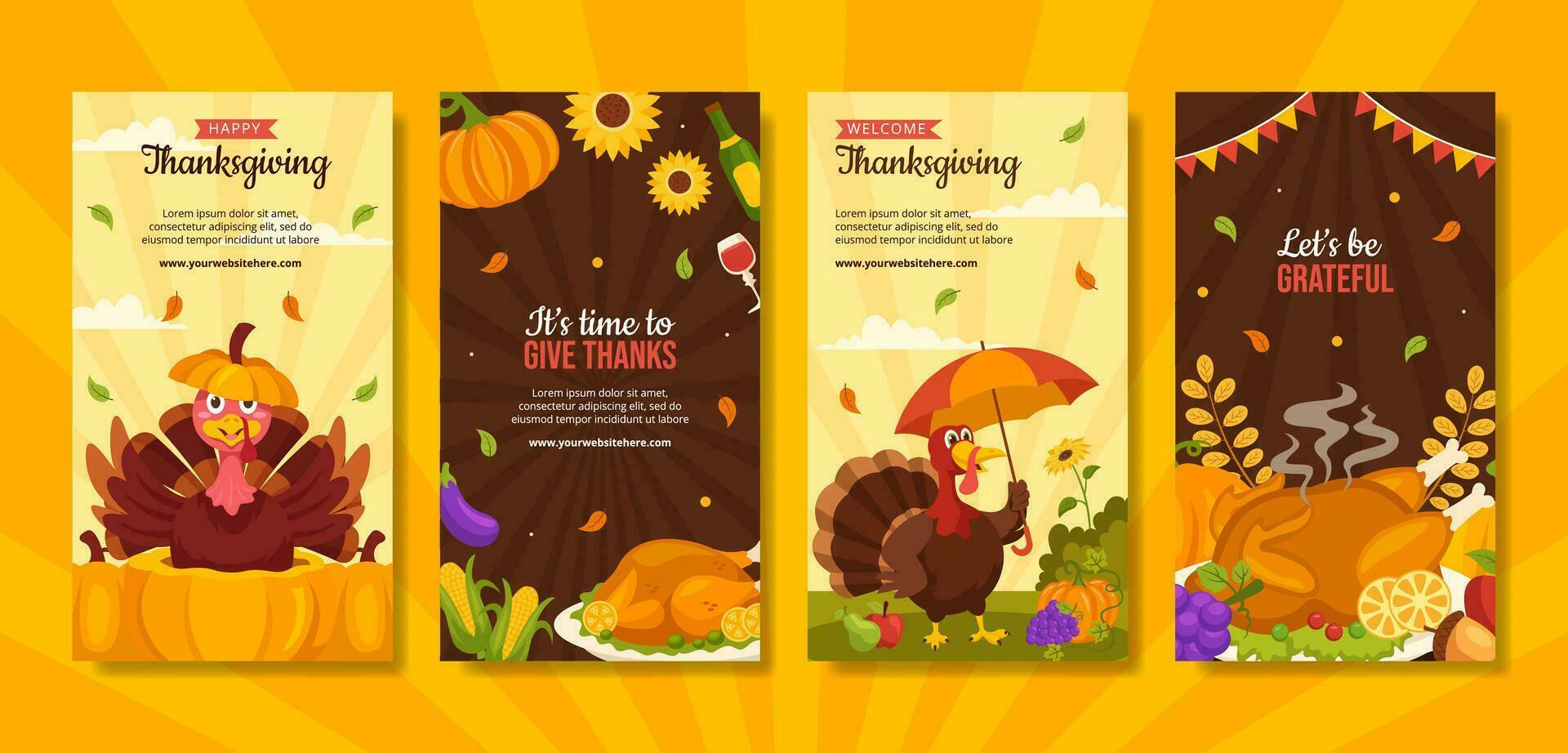 Happy Thanksgiving Social Media Stories Flat Cartoon Hand Drawn Templates Background Illustration vector