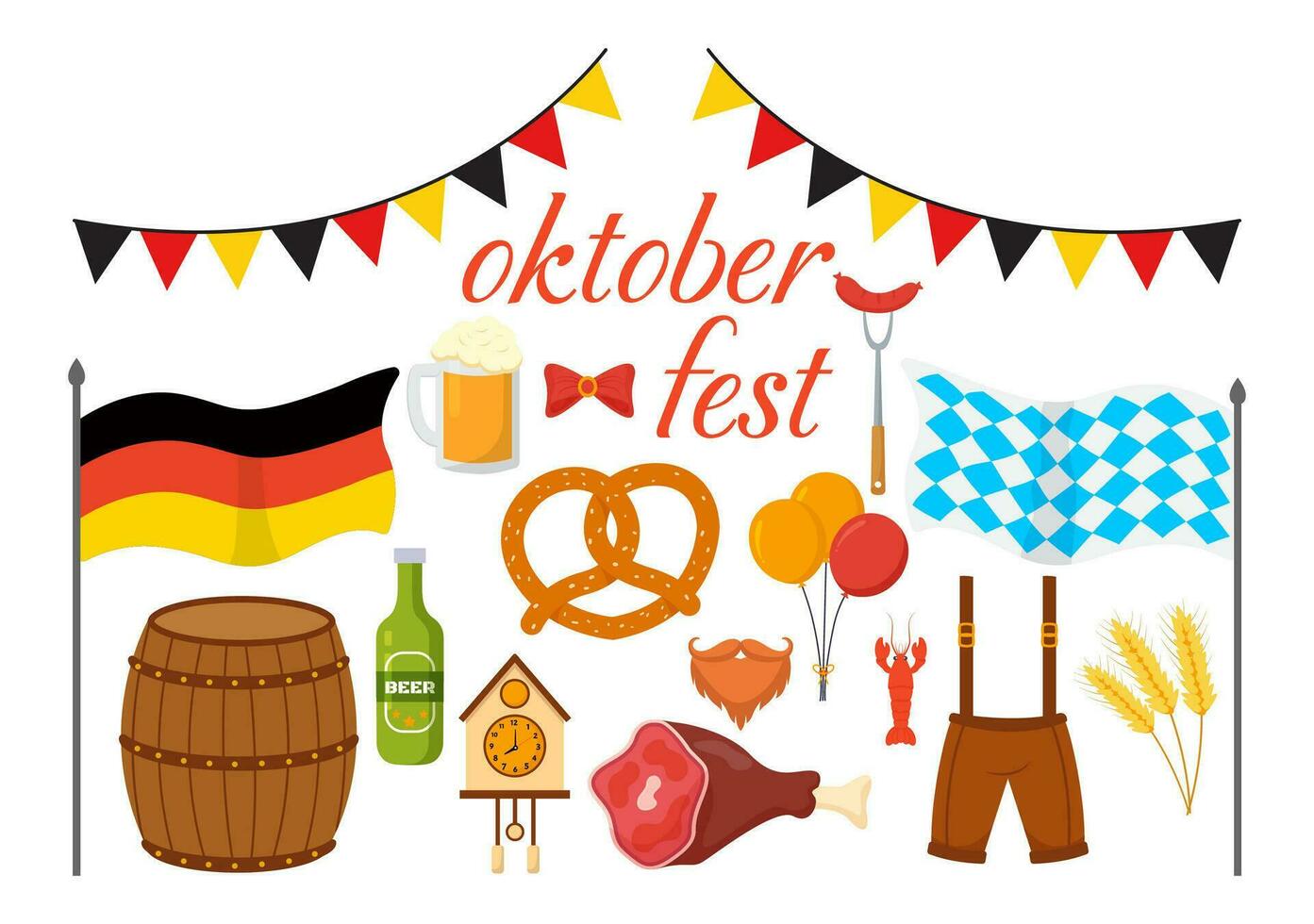 Set of Happy Oktoberfest Festival Elements Vector Illustration with Beer, Sausage, Barrels, Germany Flag and More Cartoon Background Design Templates