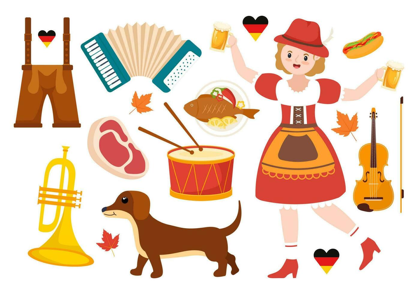 conjunto de contento Oktoberfest festival elementos vector ilustración con cerveza, embutido, barriles, Alemania bandera y más dibujos animados antecedentes diseño plantillas