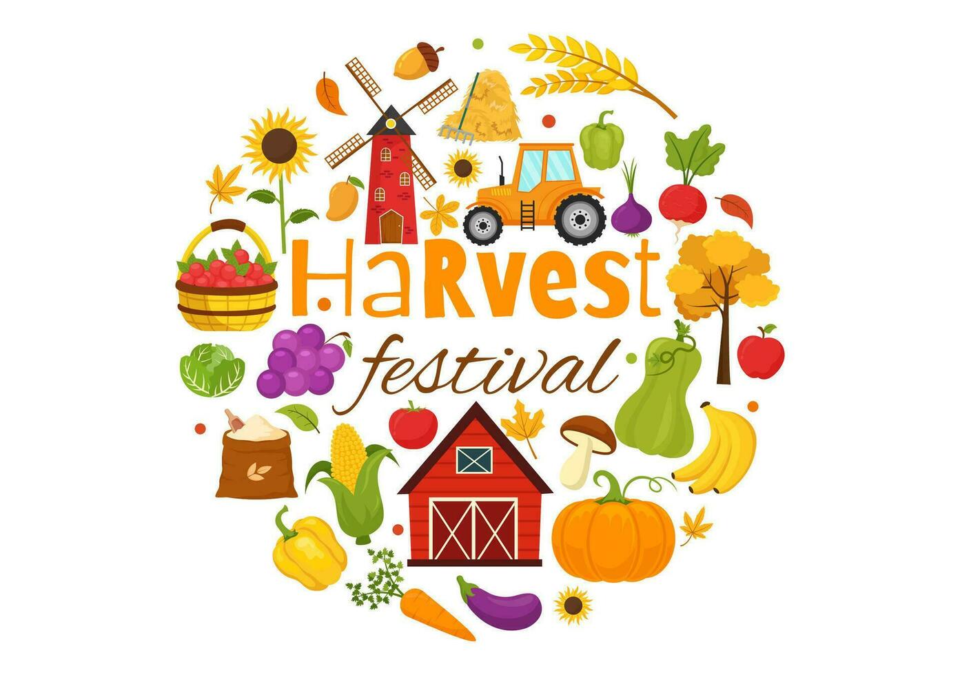 Happy Harvest Festival Vector Illustration of Autumn Season Background with Pumpkins, Maple Leaves, Fruits or Vegetables in Flat Cartoon Templates