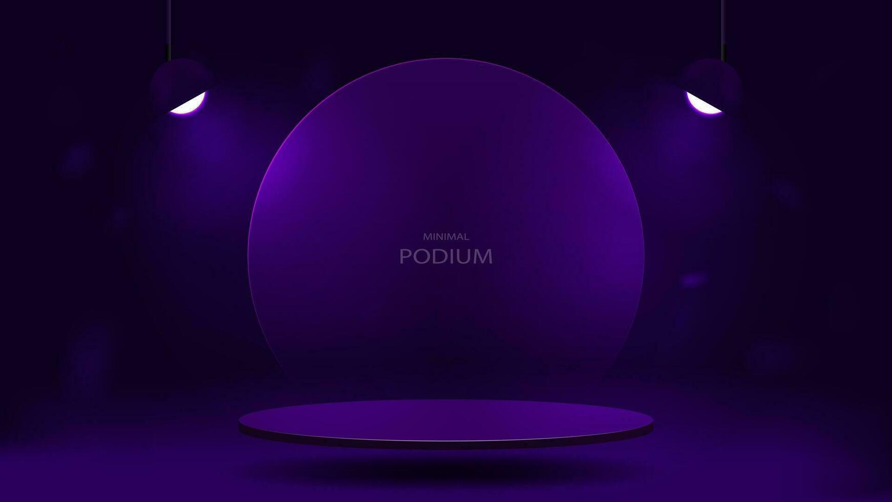 An empty podium with a glass circle with glowing lamps on a dark purple background. A platform in the minimal style. vector