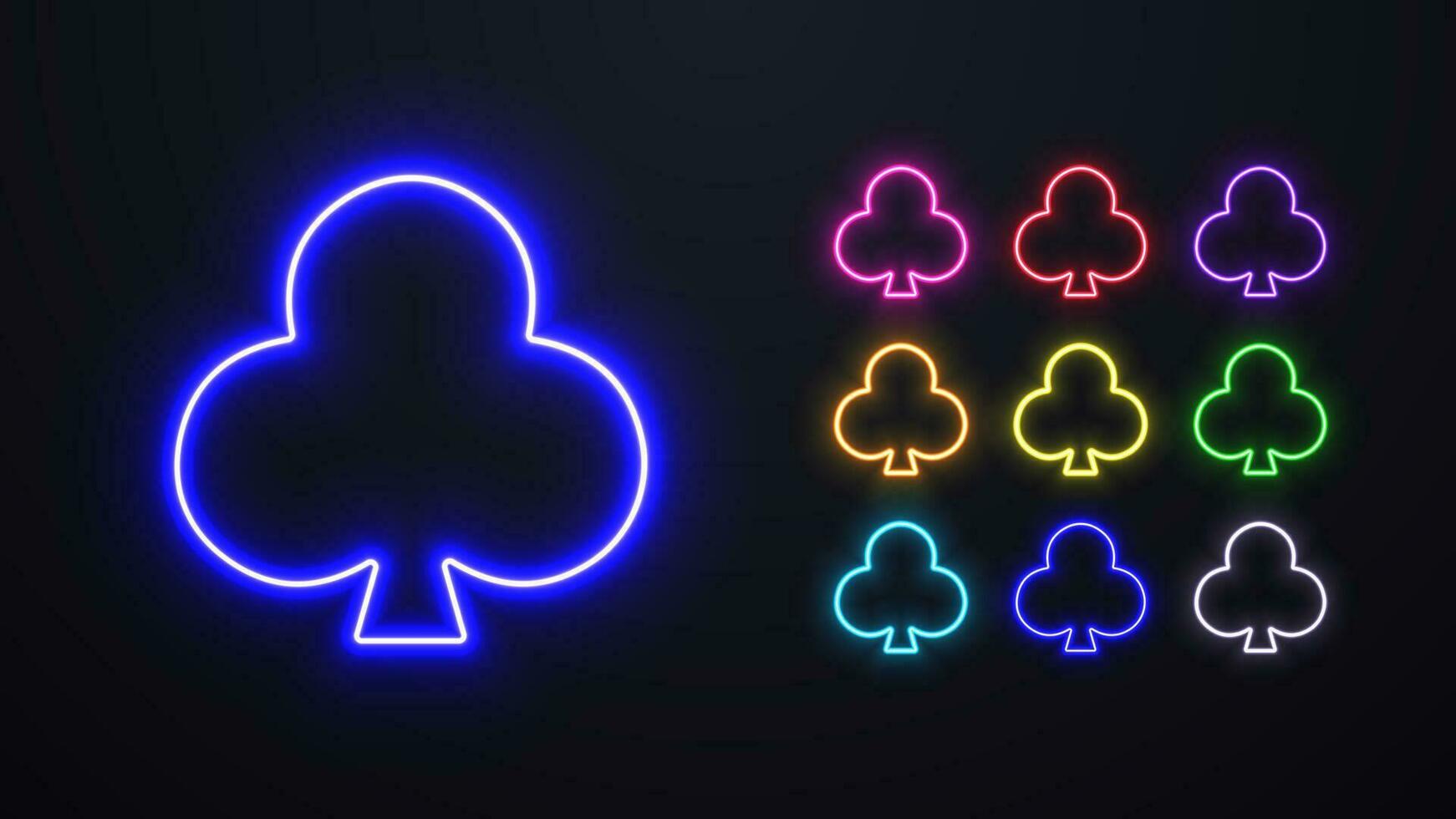 Neon card logo icon for casino. Crosses in different colors for playing poker depicted on a dark background. vector
