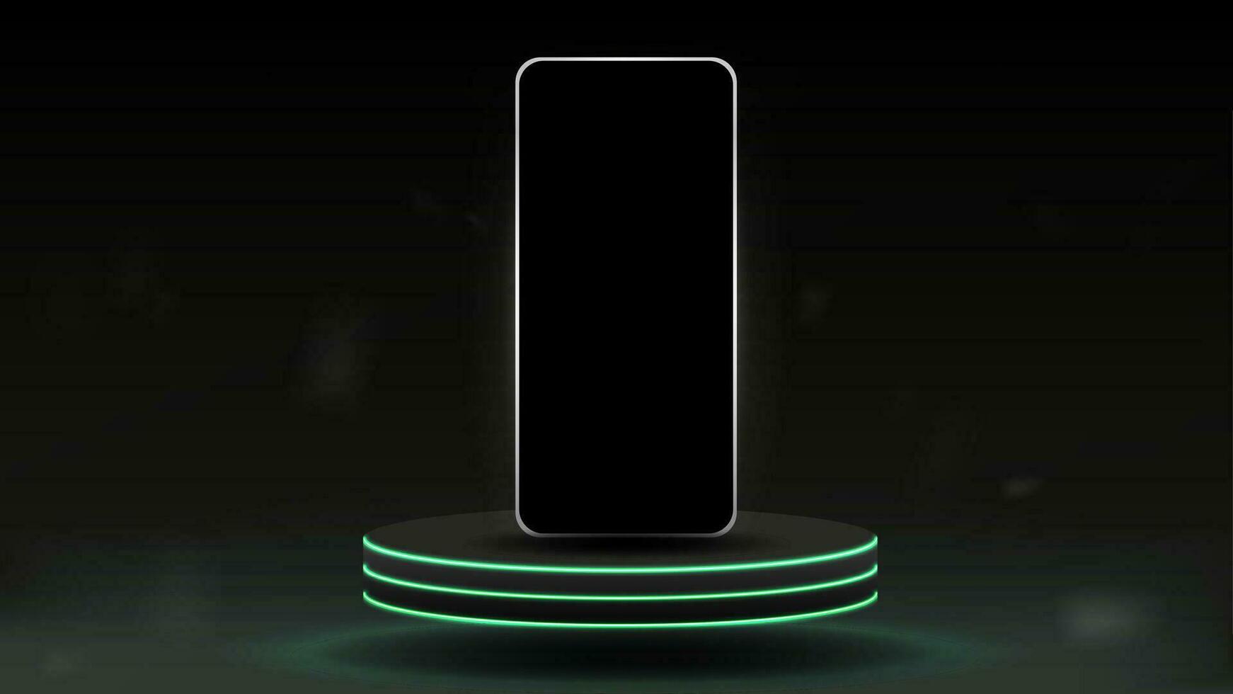 Smartphone on the podium with green neon on a dark gray background. vector