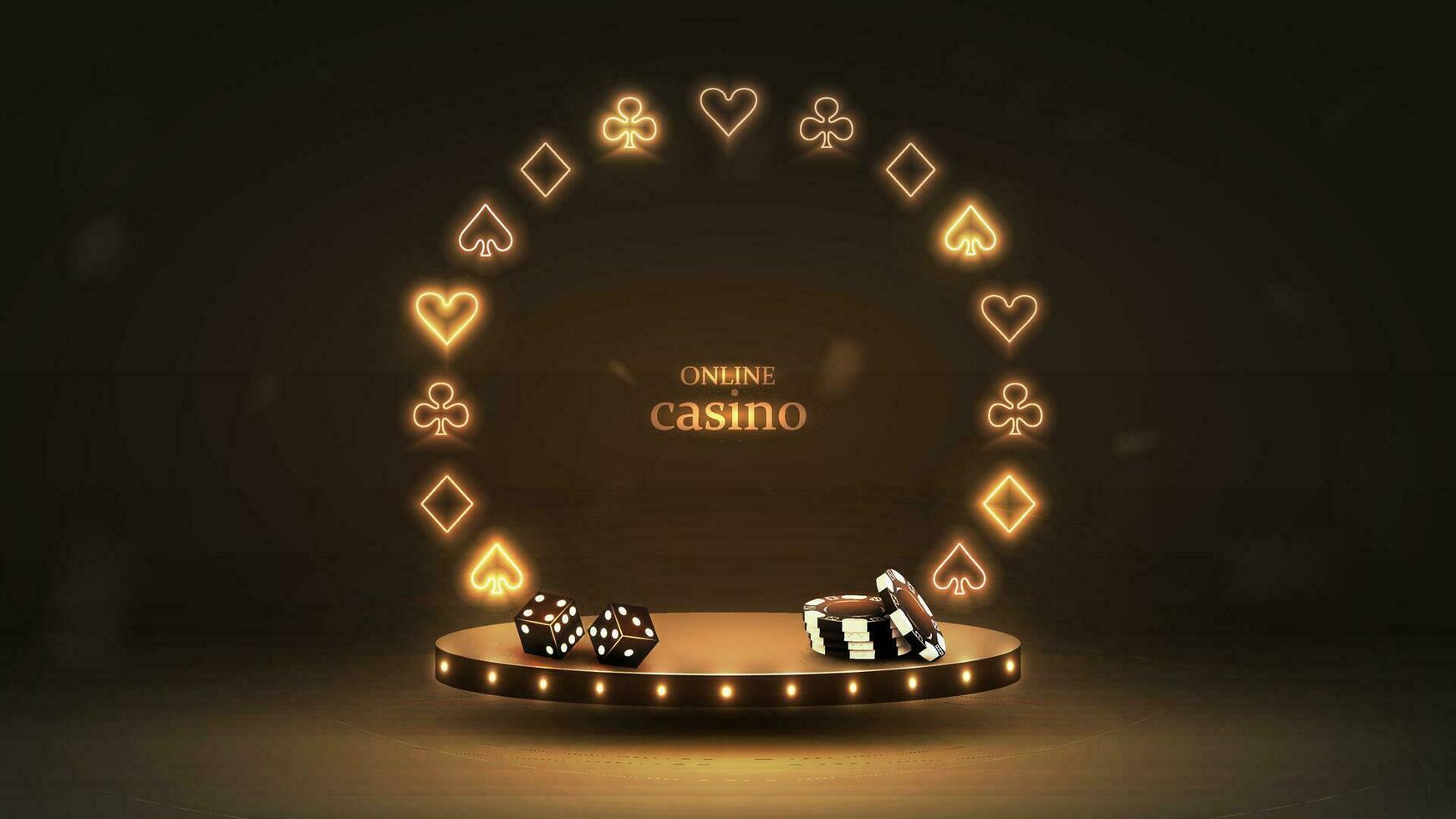 3d podium in black and gold with a frame of card suits. A platform with dice and poker chips. Casino background. vector