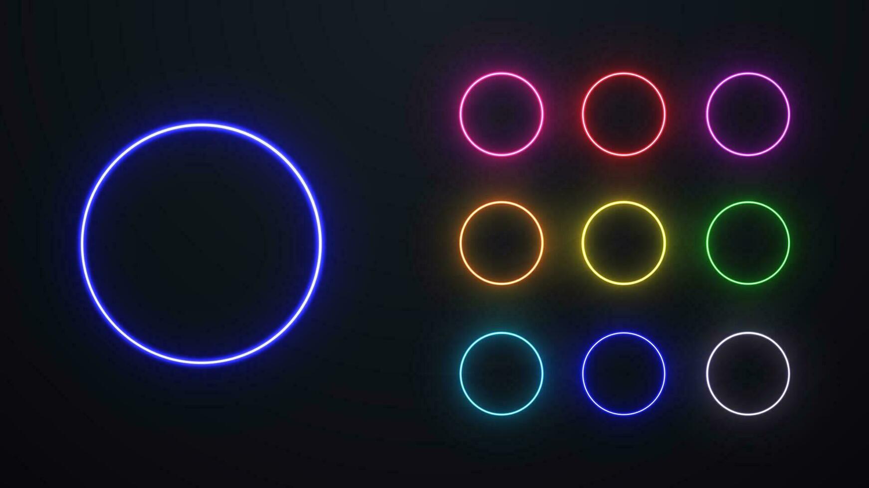 A set of neon colored bright circles on a dark background. Nine shiny rounded patterns. vector