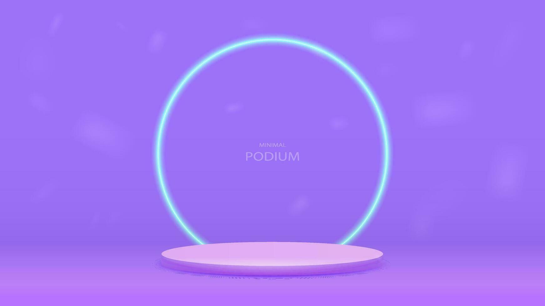 An empty purple podium with a bright neon green frame. A platform on the pink floor for cosmetics. vector