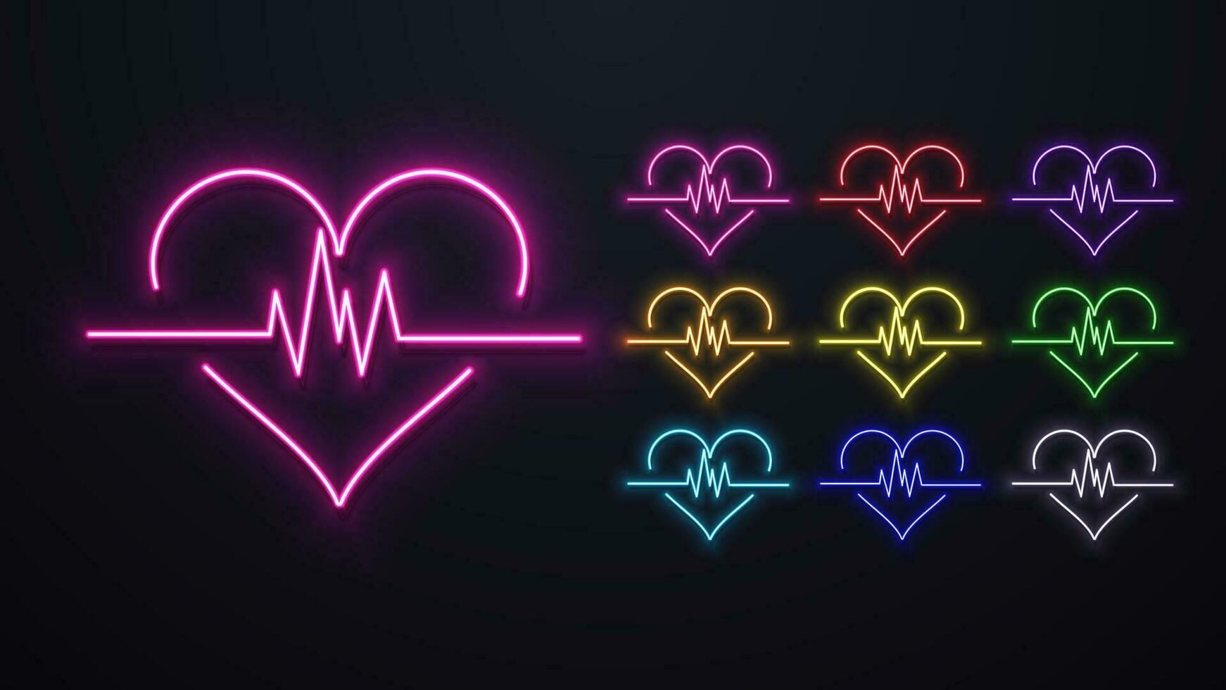 A set of neon heart icons with a cordiogram in bright colors. Logo for medicine. vector