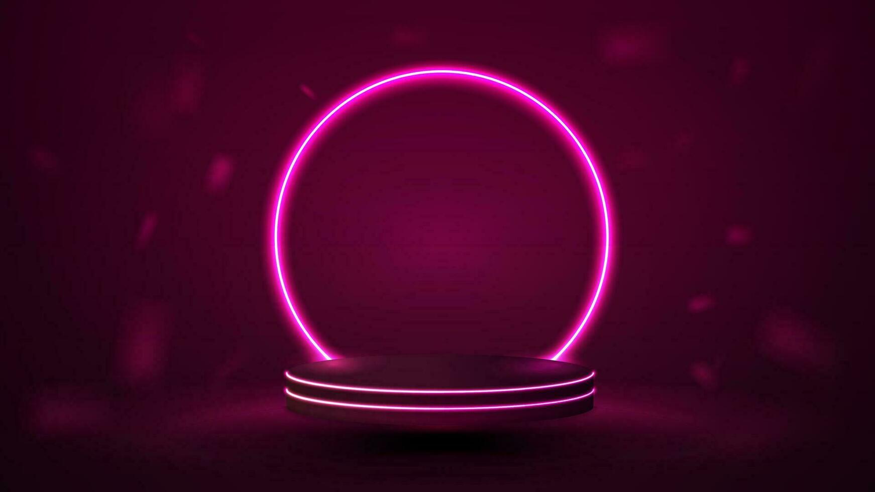 Purple podium with a bright neon round arch. Glowing 3D platform in the room. vector