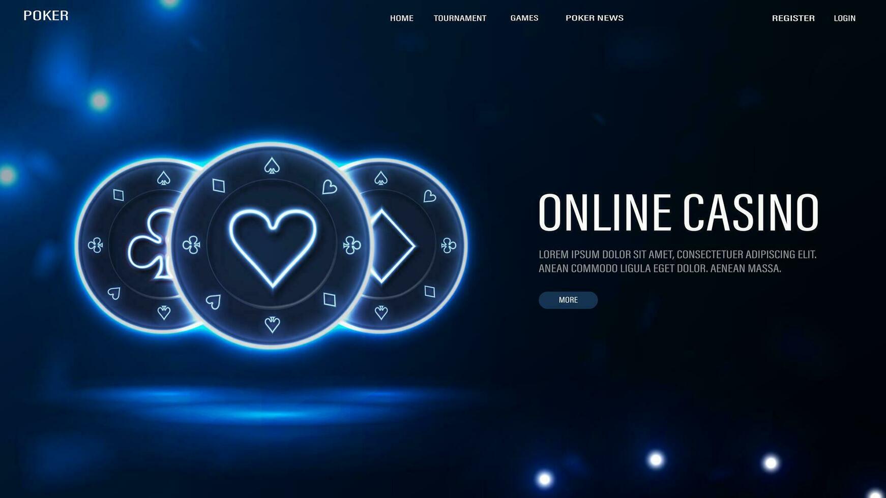 A web banner with a neon casino chips on a blue background. vector