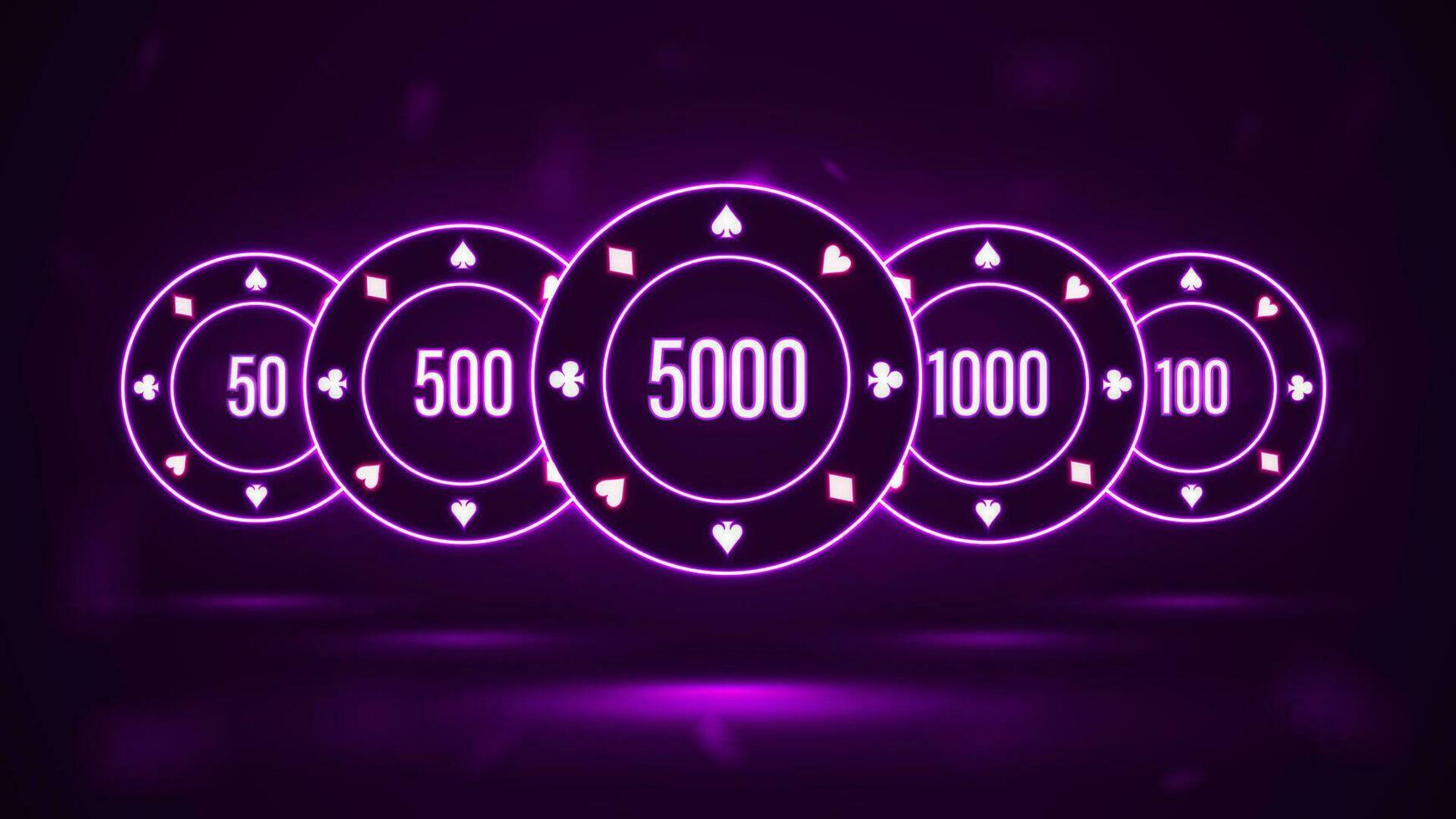 Neon set of poker chips on a purple background. Bright casino chips from 100 to 5000. vector