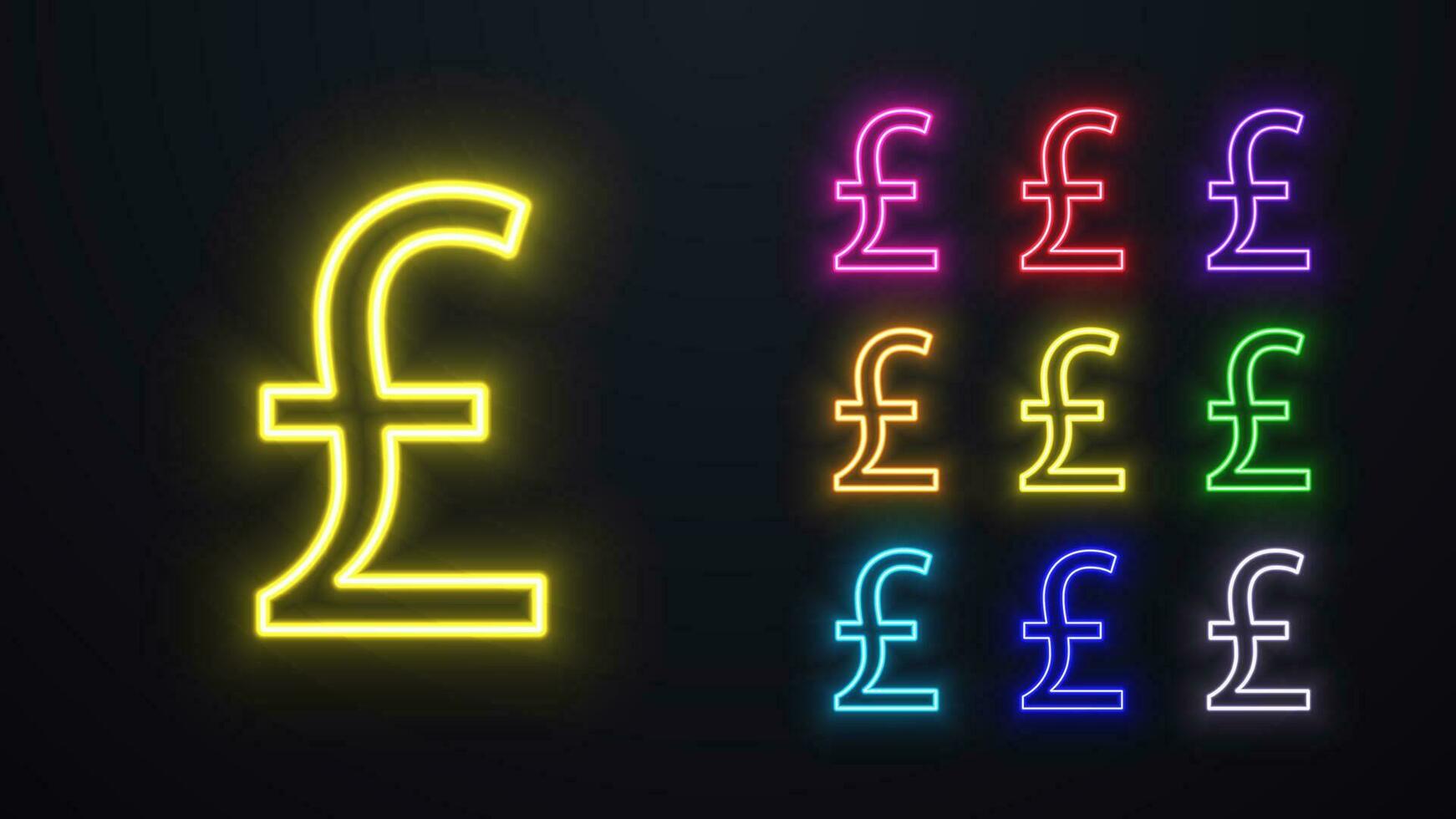 A set of neon British pound sterling logos in different colors. vector